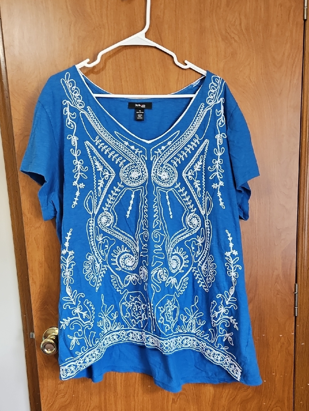Style & Co. Royal Blue Short-Sleeve Tunic with White Embroidery